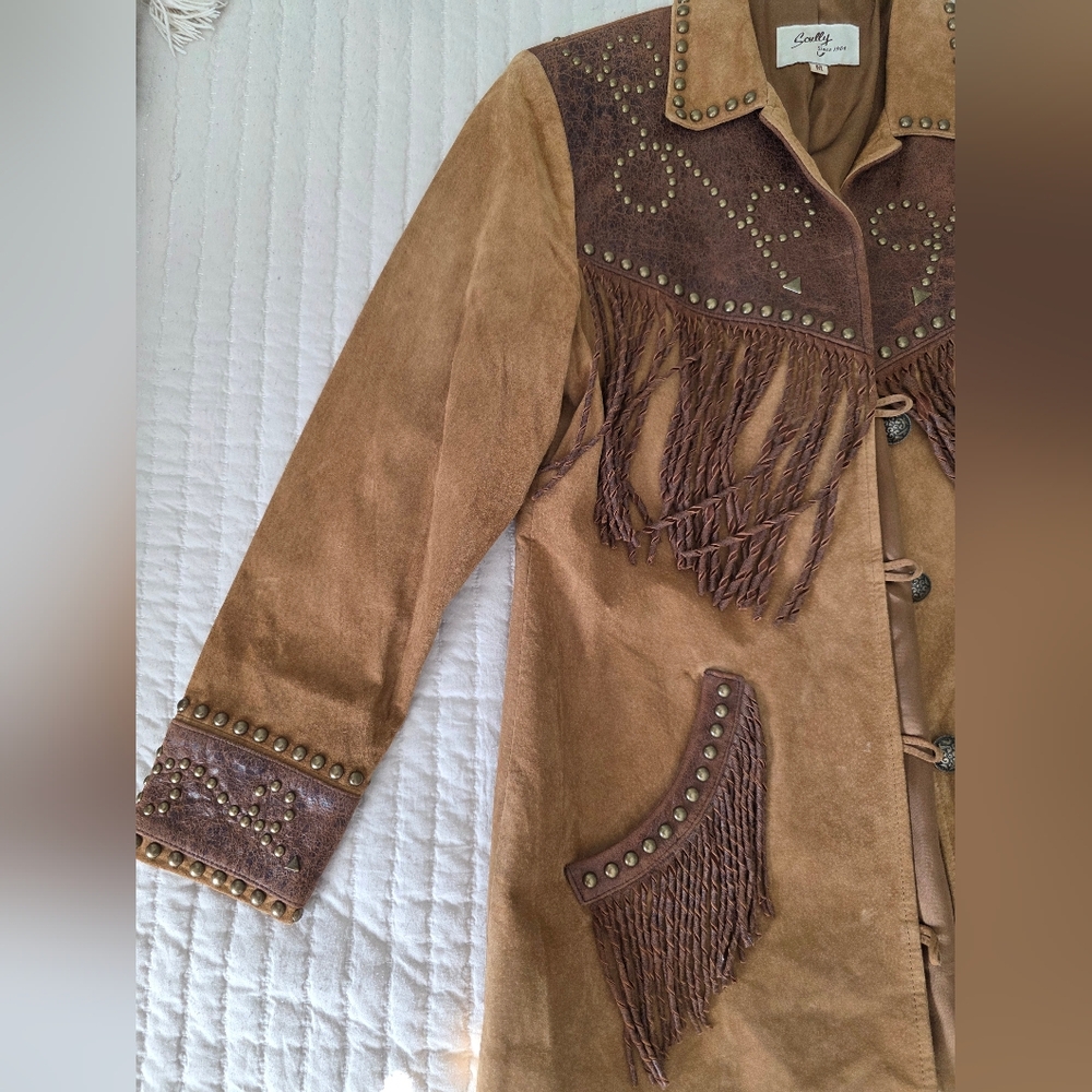 Womans Scully Leather Western Jack Two-Tone Brown Suede Fringe Stud Jacket - Picture 2 of 9